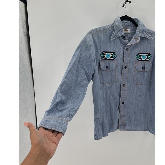 Vintage Saddlehorn denim like cotton embroidered southwestern button up size M - Picture 5 of 11